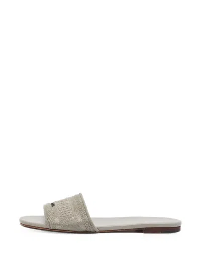 Pre-owned Dior Dway Embroidered Slides In Grey