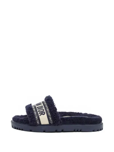 Pre-owned Dior Dway Embroidery Shearling Flat Sandals In Blue