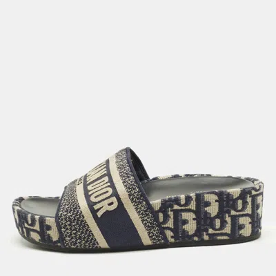 Pre-owned Dior Dway Size 36 Navy Blue/white Jacquard Embroidered Platform Sandals