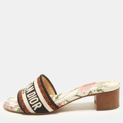 Pre-owned Dior Dway Size 36 Tricolor Jacquard Logo Embroidered Block Heel Slide Sandals In White