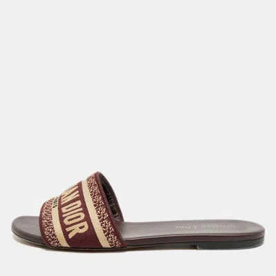 Pre-owned Dior Dway Size 36.5 Burgundy/beige Embroidered Canvas Flat Slide Sandals