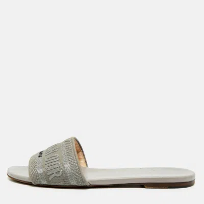 Pre-owned Dior Dway Size 37.5 Grey Canvas Flat Slides In Gray