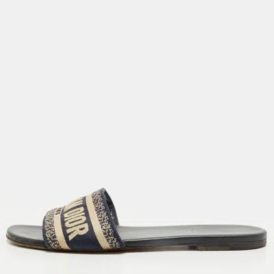 Pre-owned Dior Dway Size 38 Blue/white Jacquard Logo Embroidered Flat Slides