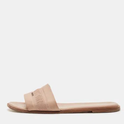 Pre-owned Dior Dway Size 38.5 Beige Canvas And Leather Embroidered Logo Flat Slide In Sand