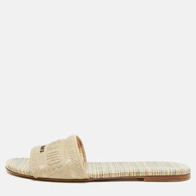 Pre-owned Dior Dway Size 38.5 Gold Cotton Knit Embroidered Slide Sandals