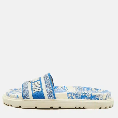 Pre-owned Dior D-way Size 39 Blue/white Jacquard Logo Embroidereded Toile De Jouy Flat Slide