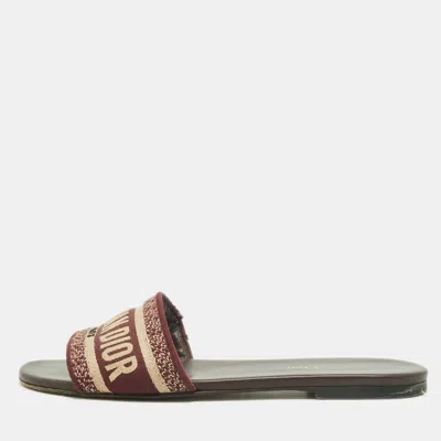 Pre-owned Dior Dway Size 39 Burgundy/beige Jacquard Logo Embroidered Flat Slide
