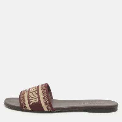 Pre-owned Dior Dway Size 39.5 Burgundy/beige Jacquard Logo Embroidered Flat Slide