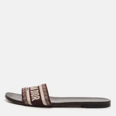 Pre-owned Dior Dway Size 40.5 Burgundy/beige Canvas Embroidered Flat Slide