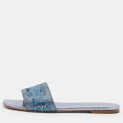 Pre-owned Dior Dway Size 41 Blue Canvas Crystal Embellished Logo Flat Slide