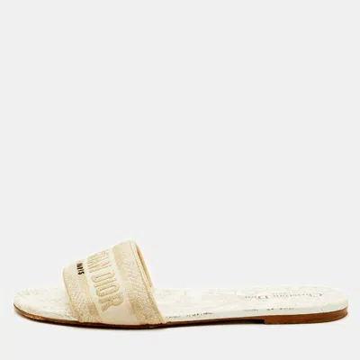 Pre-owned Dior Dway Size 42 White/gold Embroidered Canvas Flat Slide Sandals