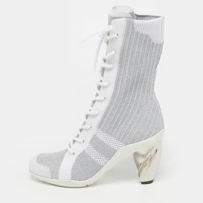 Pre-owned Dior D-zenith Size 37.5 Silver/white Knit Fabric Ankle Length Boots