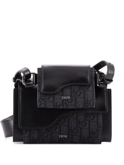 Pre-owned Dior Elite Shoulder Pouch Oblique Canvas And Calfskin Crossbody Bag In Black