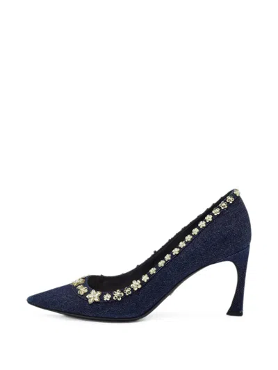 Pre-owned Dior Embellished-garland Pointed-toe Pumps In Blue