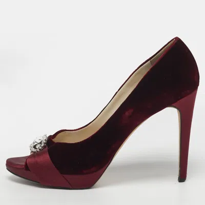 Pre-owned Dior Empire Size 41 Burgundy Velvet Crystal Embellished Peep Toe Pumps