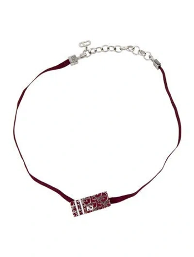 Pre-owned Dior Enamel & Ribbon Monogram Choker Necklace, 14.5" In Red/white