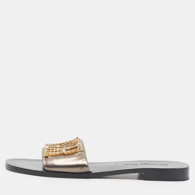 Pre-owned Dior Evolution Size 40 Metallic Gold Leather Crystal Embellished Flat Slide In Silver