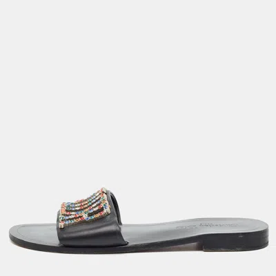 Pre-owned Dior Evolution Size 41 Black Leather Crystal Embellished Flat Slide