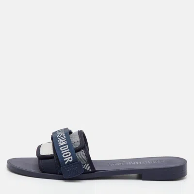 Pre-owned Dior Evolution Size 41 Navy Blue/white Fabric Flat Slide Sandals