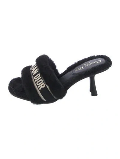 Pre-owned Dior Faux Fur Graphic Print Slides In Black