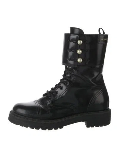 Pre-owned Dior Faux Pearl Accents Leather Combat Boots In Black