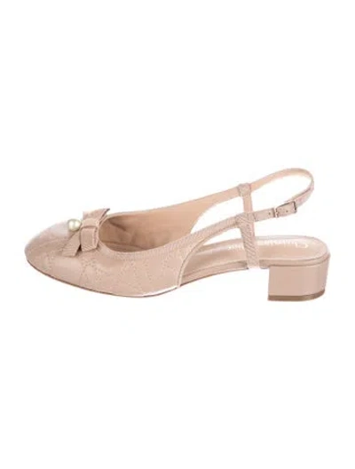 Pre-owned Dior Faux Pearl Accents Leather Slingback Flats In Neutrals