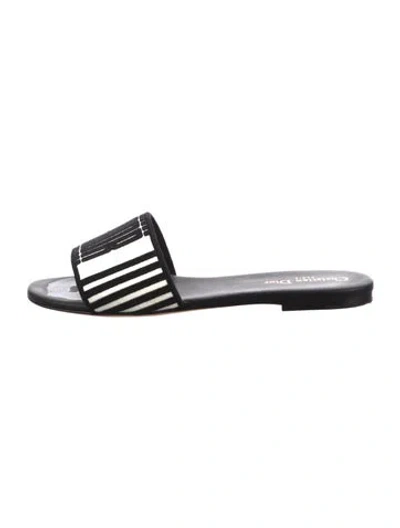 Pre-owned Dior Faux Pearl Accents Striped Slides In Black