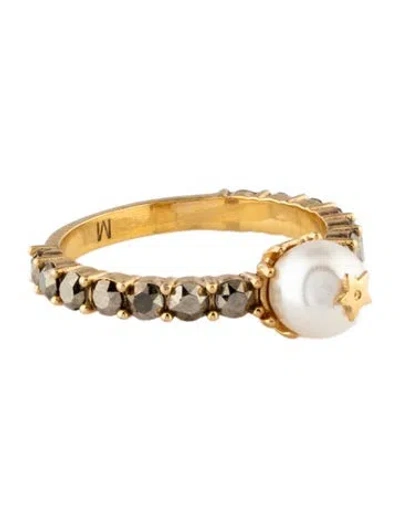 Pre-owned Dior Faux Pearl & Crystal Band Ring In Multi