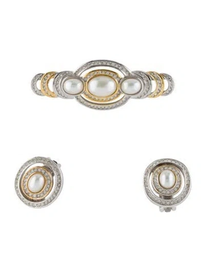 Pre-owned Dior Faux Pearl & Crystal Brooch & Earring Set In White