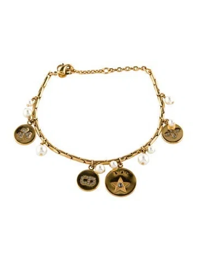 Pre-owned Dior Faux Pearl & Crystal Charm Station Bracelet, 7", 7" In Multi