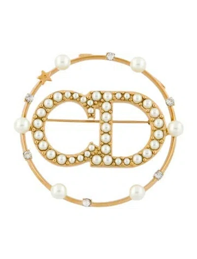 Pre-owned Dior Faux Pearl & Crystal Clair D Lune Pin Brooch In White