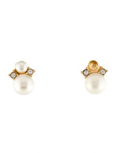 Pre-owned Dior Faux Pearl & Crystal Clip-on Earrings In White