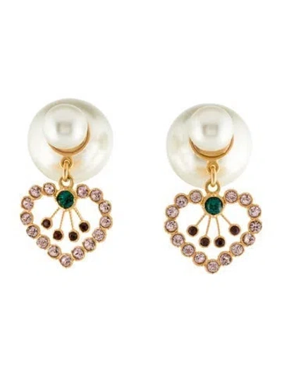 Pre-owned Dior Faux Pearl & Crystal Heart Drop Tribales Earrings