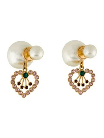Pre-owned Dior Faux Pearl & Crystal Heart Tribales Earrings In Multi