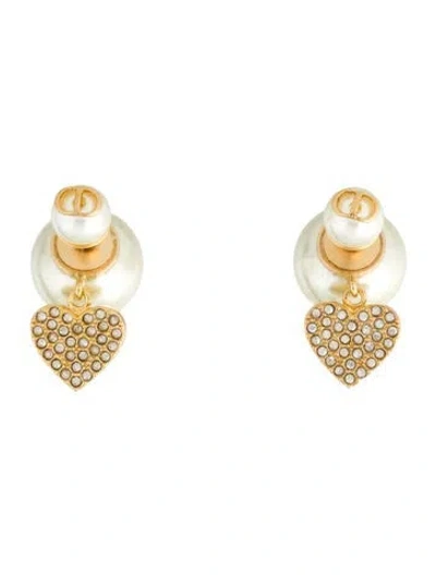 Pre-owned Dior Faux Pearl & Crystal Heart Tribales Stud Earrings In Multi