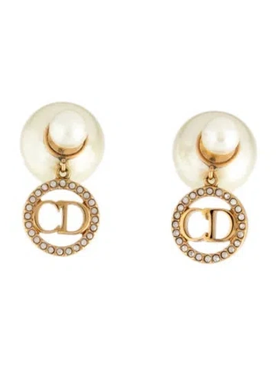 Pre-owned Dior Faux Pearl & Crystal Tribales 'cd' Drop Earrings In Multi