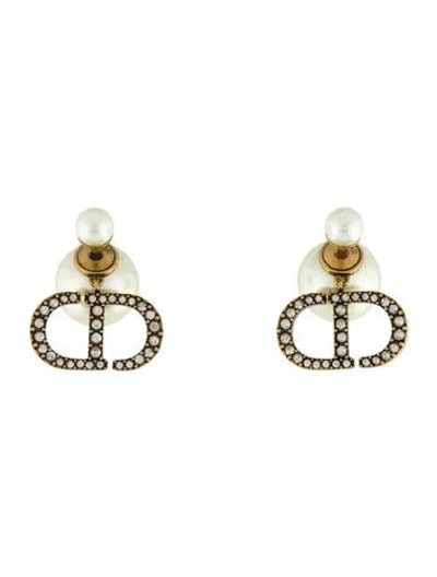 Pre-owned Dior Faux Pearl & Crystal Tribales Drop Earrings In White