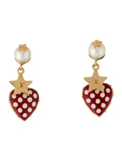 Pre-owned Dior Faux Pearl & Enamel Polka Dot Heart Tribales Earrings In Multi