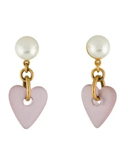 Pre-owned Dior Faux Pearl & Glass Heart Tribal Drop Earrings In Multi