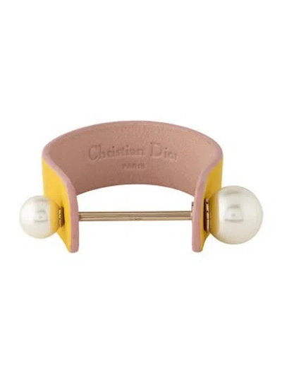 Pre-owned Dior Faux Pearl & Leather Perle Cuff Bracelet, 6" In Pink/white/yellow