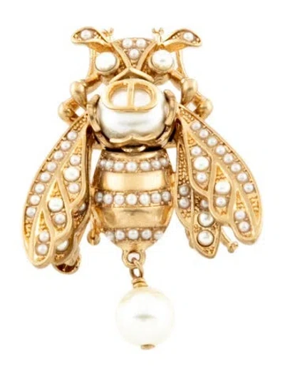 Pre-owned Dior Faux Pearl Bee Brooch Pin In White