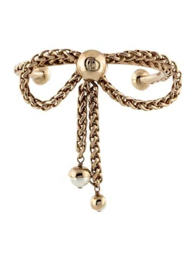 Pre-owned Dior Faux Pearl Bow Cuff Bracelet, 6.25" In White