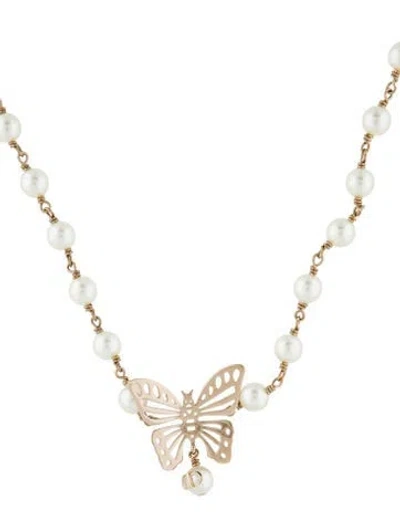 Pre-owned Dior Faux Pearl Butterfly Choker Necklace, 17.5" In Multi