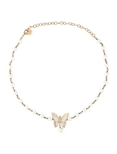 Pre-owned Dior Faux Pearl Butterfly Choker Necklace, 20" In White