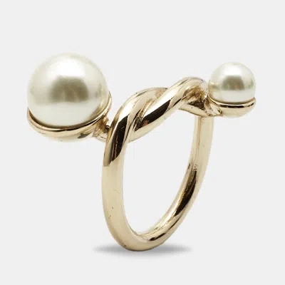 Pre-owned Dior Faux Pearl Gold Tone Ring Size 49