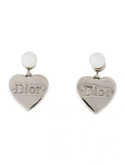 Pre-owned Dior Faux Pearl Logo Heart Earrings In White