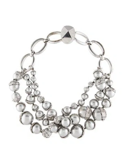 Pre-owned Dior Faux Pearl Mise En  Collar Necklace, 19" In Silver