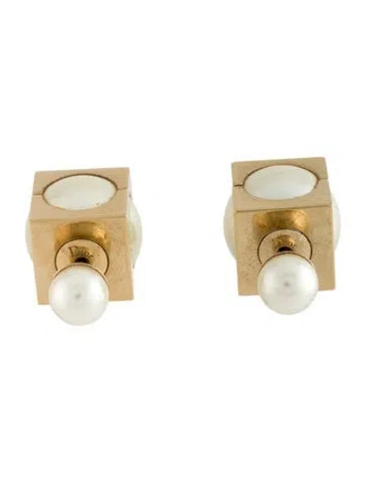 Pre-owned Dior Faux Pearl Mise En  Tribales Cube Earrings In White