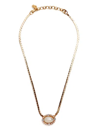 Pre-owned Dior Faux-pearl Rhinestone Necklace In Gold