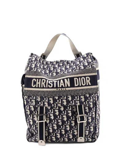 Pre-owned Dior Flap Oblique Canvas Medium Backpack In Blue